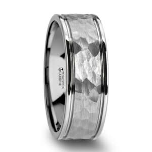 An 8mm men's wedding ring made from tungsten, plated with 18K white gold, and perfect for minimalistic grooms.