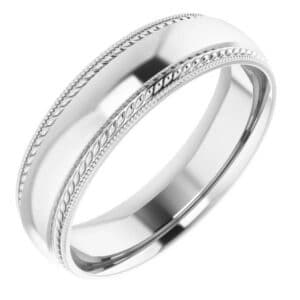 A simple contemporary men's wedding band with leaf patterns and threading around its edges and a polished finish.