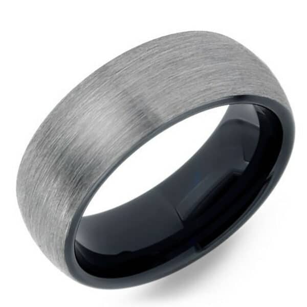 A modern and plain wedding band for men featuring a contrasting gray brushed finish and lustrous black sleeve.