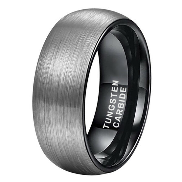 A simple modern wedding band for men featuring a gray brushed finish and polished black sleeve finish.