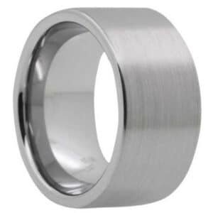 A simple and modern 12mm tungsten men's wedding band with pipe cut edges and a brushed finish.