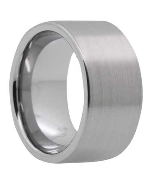 A simple and modern 12mm tungsten men's wedding band with pipe cut edges and a brushed finish.