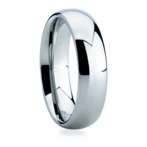 A 6mm tungsten men's wedding band featuring a silver and black polished surface finish and a dome design.