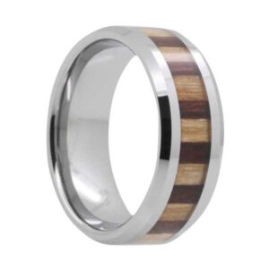 An 8mm comfort fit tungsten wedding ring with KOA wood and bamboo inlay.
