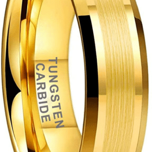 A simple and attractive 18K gold-plated men's wedding band, measuring 6mm, and featuring a brushed center, and polished beveled edges.