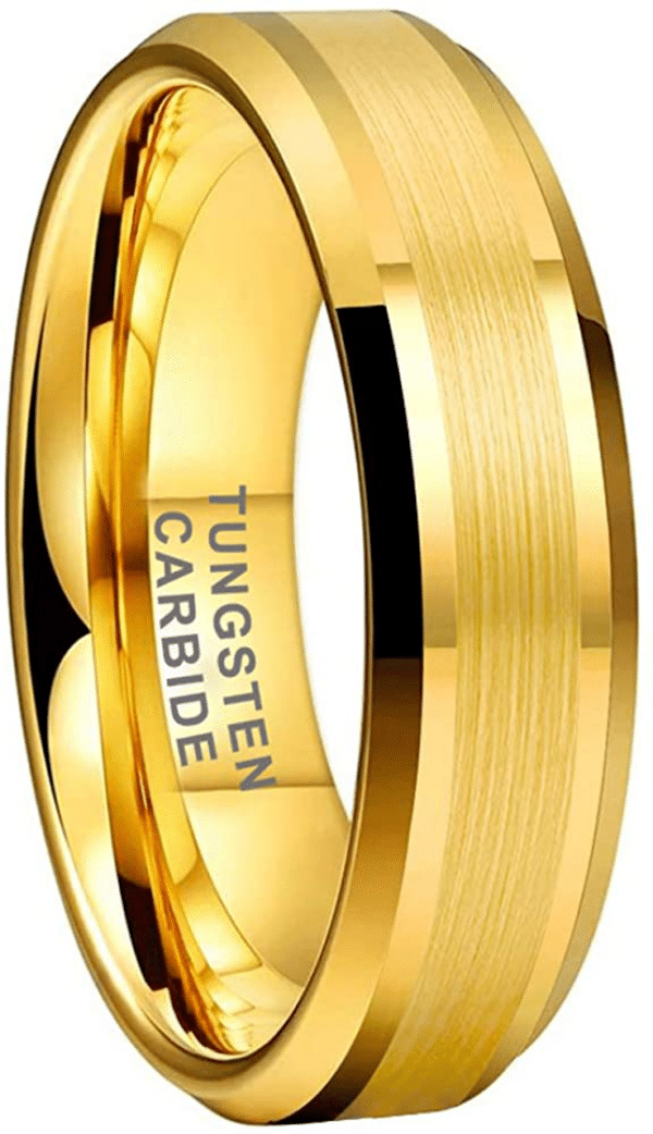 A simple and attractive 18K gold-plated men's wedding band, measuring 6mm, and featuring a brushed center, and polished beveled edges.