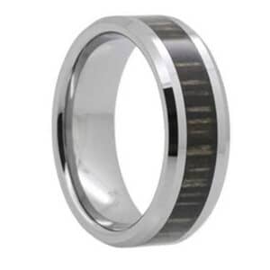 A luxurious silver tungsten carbide wedding ring with gray carbon fiber inlay and beveled edges.