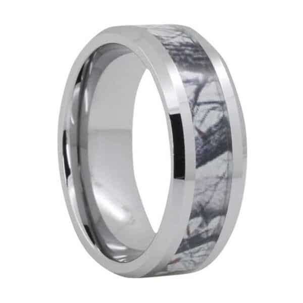 An 8mm men's tungsten carbide wedding band with a camo tree inlay, silver beveled edges and sleeve, and polished finish.