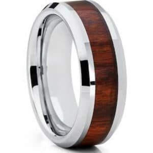 8mm contemporary wedding ring made from tungsten carbide, featuring a KOA wood inlay center, beveled edges, and polished finish.