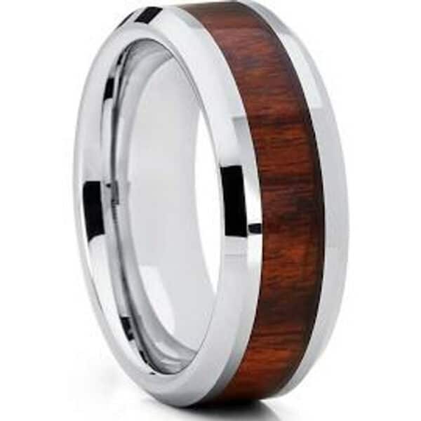 8mm contemporary wedding ring made from tungsten carbide, featuring a KOA wood inlay center, beveled edges, and polished finish.