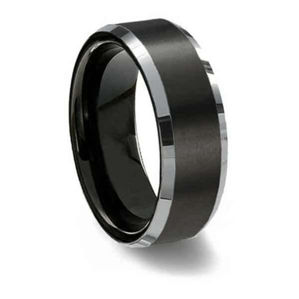 A 8mm black tungsten wedding band that features a brushed center and polished edges.