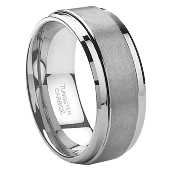 A 8mm tungsten wedding ring with a brushed center over polished beveled edges and and smooth sleeve.