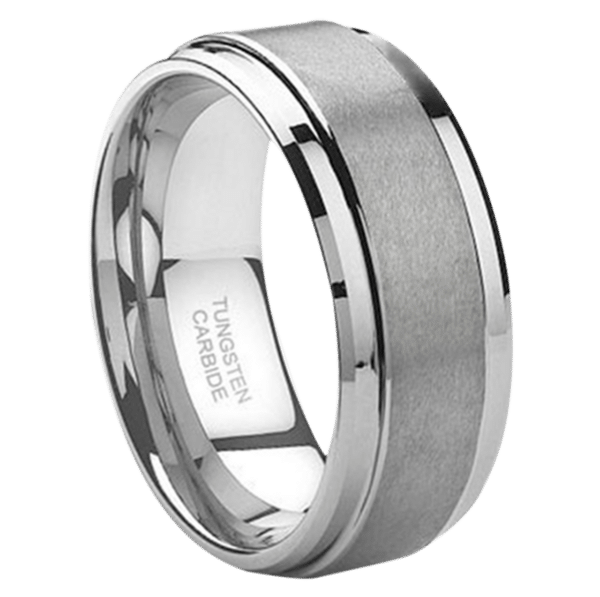 A subtle 9mm contemporary men's wedding band with a brushed center and polished beveled edges that extend to its sleeve.