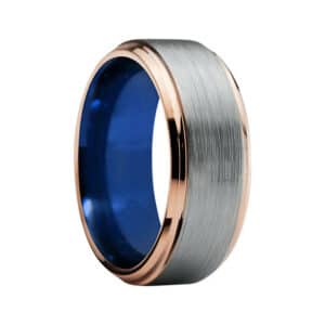 An 8mm tungsten carbide men’s wedding ring with 18k plated gold edges and blue sleeve.