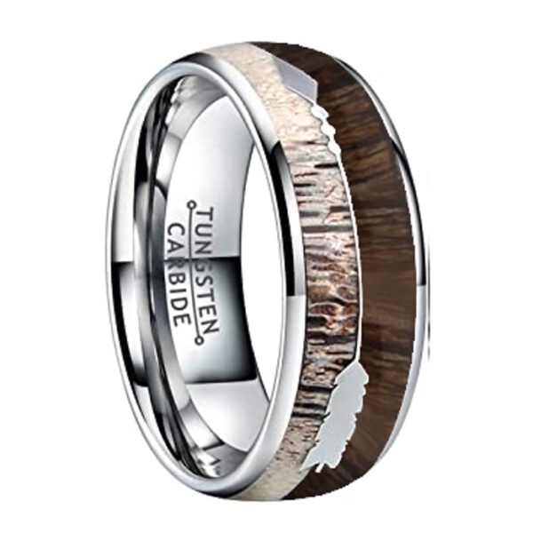 An 8mm tungsten men's wedding ring featuring zebra wood and deer antler inlay, arrow design, and polished finish.