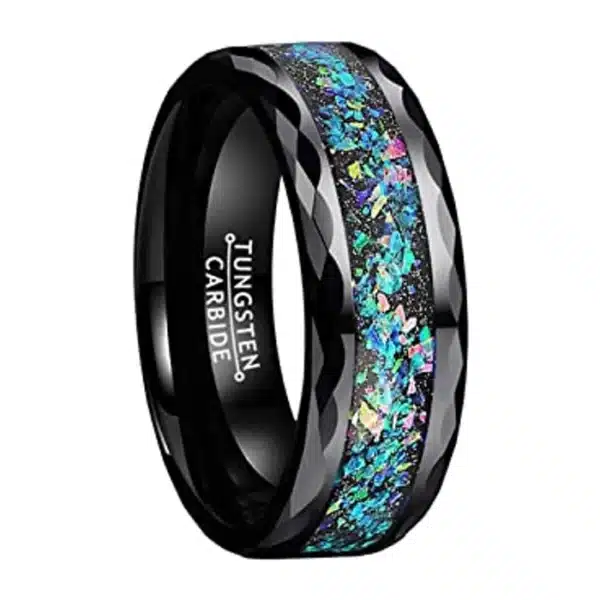 8mm black tungsten wedding ring featuring a blue and green opal inlay, carved beveled design edges, and polished finish.