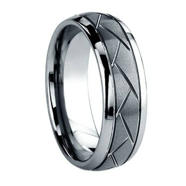 A modern and minimalist 8mm men's wedding ring featuring a brushed finish at the center, cut-through zigzag design, and polished edges and sleeves.