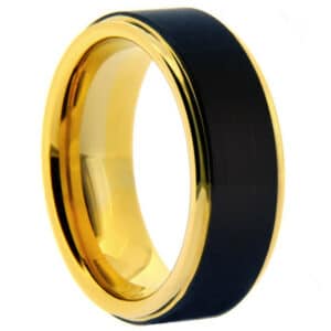 8mm black tungsten wedding band with yellow gold plated sleeve extending to the edges.