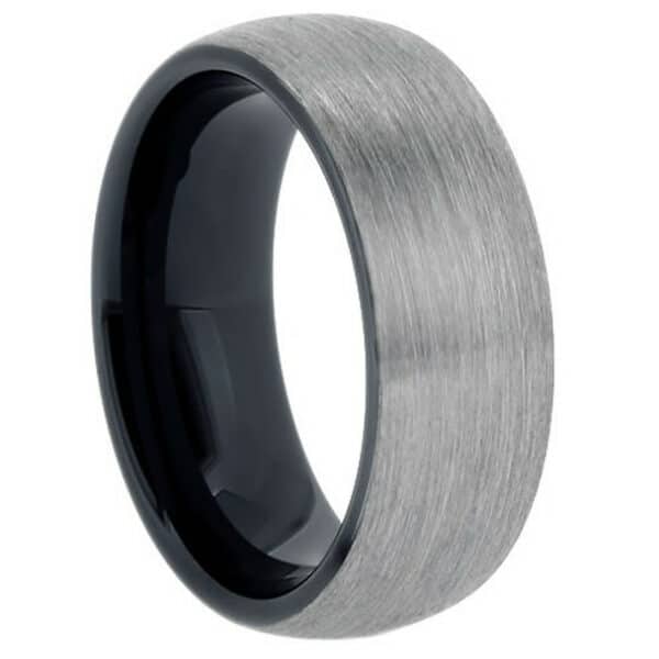 A minimalist 8mm men's wedding ring with a gray brushed finish and a polished black sleeve.