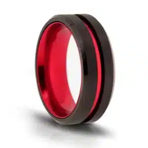 A view of a black tungsten ring and fire engine red stripe and matching red inner band.