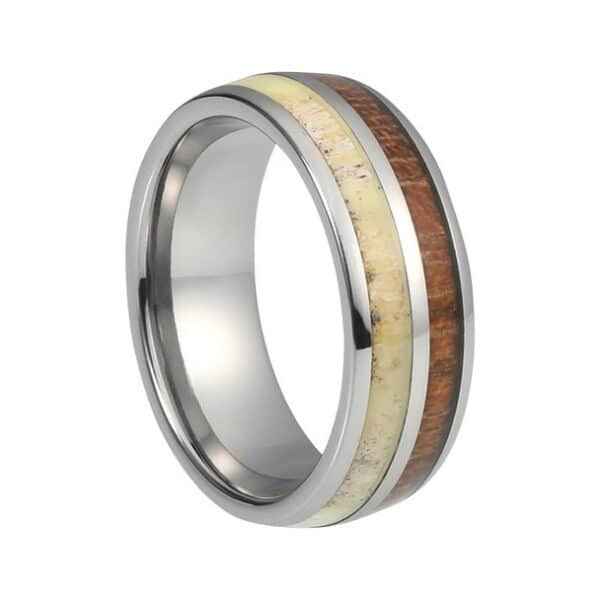 6mm Tungsten men’s ring showcasing the embedded deer antler and KOA wood inlay and silver pinstripe.