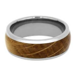 An environmentally-friendly men's wedding ring featuring a domed design, a whiskey barrel oak wood inlay at the center, and polished edges and sleeve.