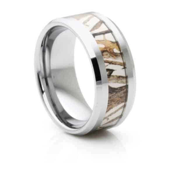 A 9mm men's tungsten wedding ring with a camo inlay, beveled edges, and polished finish that extends to its sleeve.