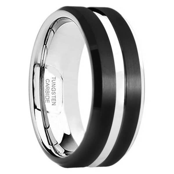 A black men's wedding band that features a silver tungsten pinstripe between two black edges and a polished finish.