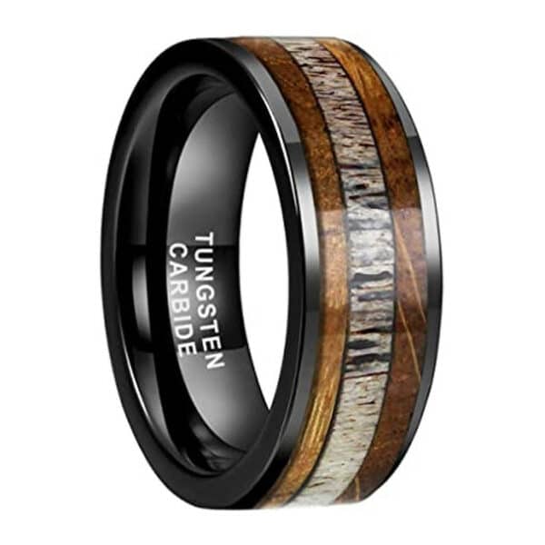 A 8mm black tungsten men's wedding band that features two whiskey barrel oak sides, an antler center, and a polished finish.
