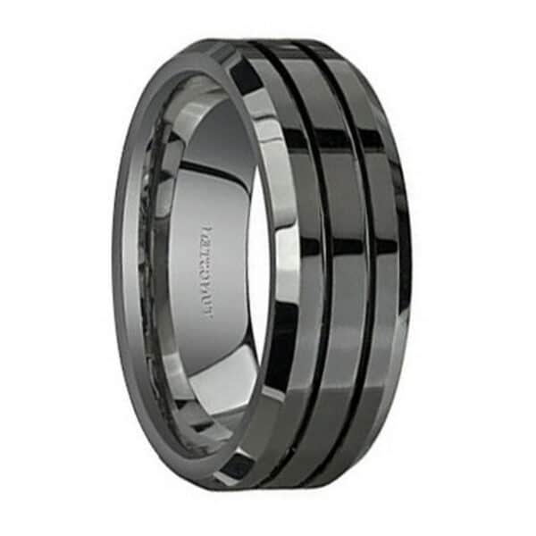 A tungsten men's wedding band that features an 8mm width, grooved center design, silver edges, and a polished finish.