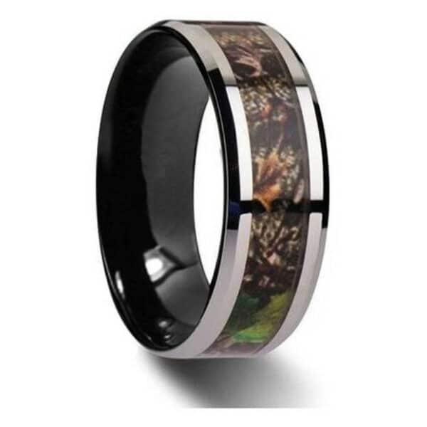 A unique black and silver tungsten wedding ring featuring a black sleeve, silver edges, a camo inlay, and polished finish.