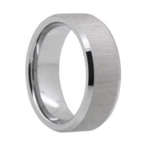 A minimalist men's silver tungsten wedding band that features polished edges and sleeves, and a satin finish.