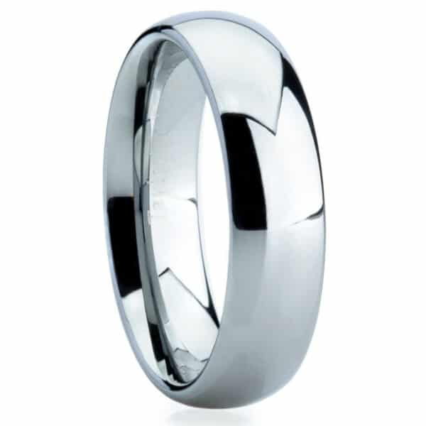 A minimalist and simple men's wedding band featuring a silver and black polished surface and a domed design.