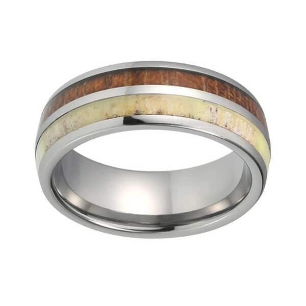 An 8mm tungsten men's wedding band showcasing a wood and deer antler embodiment with silver pinstripe and polished surface.