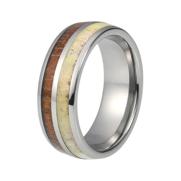 Grey minimalist Men’s Tungsten Carbide wedding ring featuring engraved wood and sand inlay.